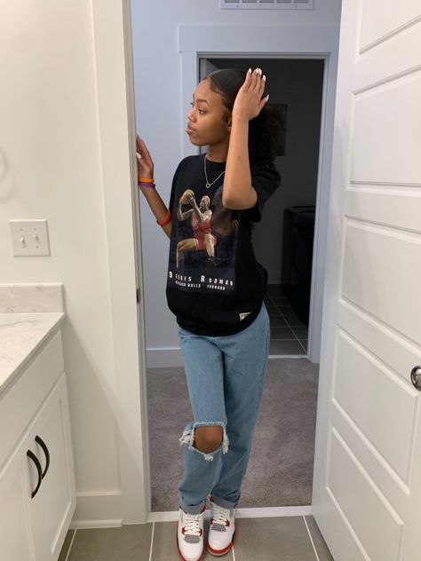 black girl 
fire red 4s
jordan 4s 
baggy jeans 
ripped jeans Fire Reds Outfits, Fire Red Jordan 4 Outfit, Red And Black 4s, Outfits With Fire Red 4s, Red 4s Outfit, Fire Red 4s Outfit, Jordan 4s Outfit Women, Outfit Jordan 4, Fit Baddie