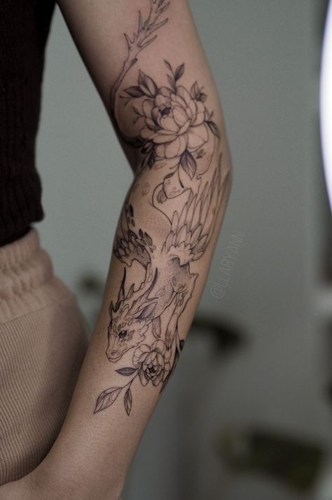 Lower Half Sleeve Tattoo, Lower Half Sleeve, Sleeve Tattoo Ideas For Women, Tattoo Idea For Women, Half Sleeve Tattoo Ideas, Feeling Feminine, Asian Dragon Tattoo, Around Arm Tattoo, Crazy Tattoos