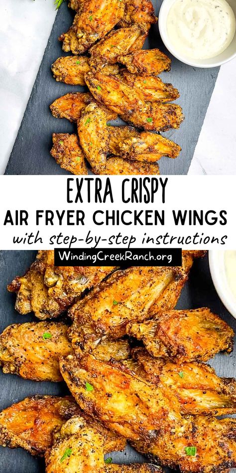 Air fryer chicken wings with baking powder are the crispiest chicken wings you will ever make. They are super easy to make, and the cook time is only about 30 minutes. The final result is wings that are crispy and flavorful on the outside and tender and juicy on the inside. Because they are cooked in an air fryer, hardly any oil is used, and cleanup is a breeze! Toss them in your favorite sauce, or serve as is, lightly seasoned, with your favorite wing sauce. Pit Boss Smoked Chicken, Chicken Wings With Baking Powder, Wings With Baking Powder, Chicken Breast Instant Pot Recipes, Crispy Air Fryer Chicken Wings, Air Fryer Recipes Chicken Wings, Crispy Air Fryer Chicken, Air Fry Chicken Wings, Air Fryer Wings