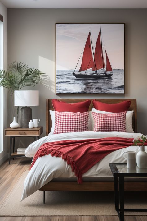 Red Coastal Decor, Red Accents Bedroom, Bedroom With Red Accents, Red Accent Bedroom, Blue Themed Bedroom, Red Sailboat, Elegant Coastal Decor, Sims Interior, Light Blue Bedding