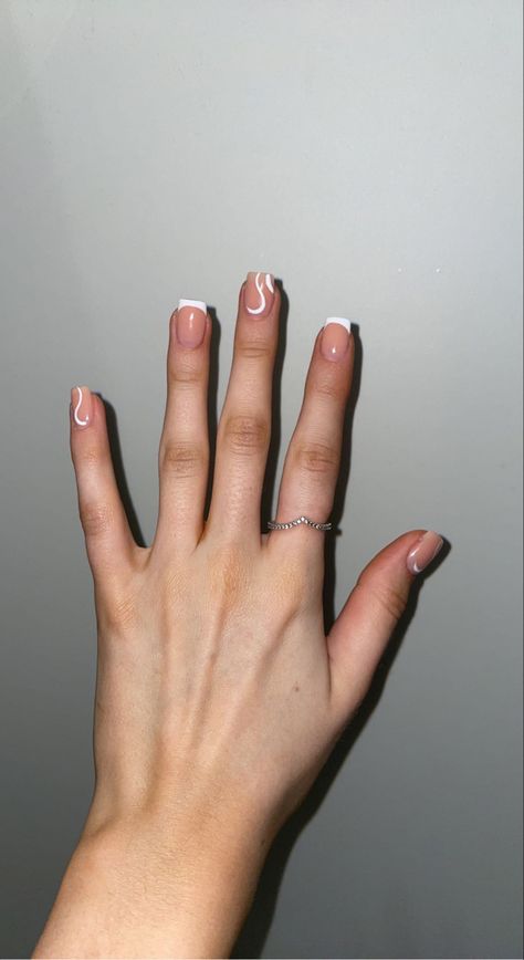 White Swirl And French Tip Nails, Simplistic Short Acrylic Nails, Gel Manicure Ideas For Short Nails French Tip, Short Square Nails White Design, White French Tip Nails Short With Design, Short Nails Inspo French Tip, Simple Nail Designs French Tip Square, Simple Pretty Nails White, Cheer Friendly Nails