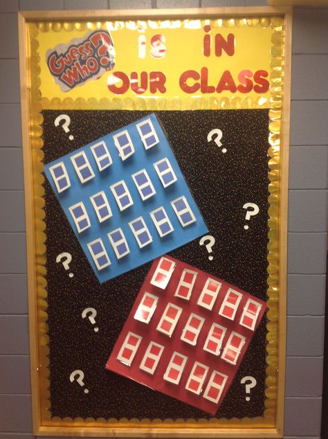 Here's my version of the "guess who" bulletin board for the beginning of the year. Guess Who Door Decorations, Guess Who Classroom Display, Guess Who Bulletin Board Teachers, Board Game Theme Classroom Doors, Guess Who Bulletin Board Ideas, Game Theme Classroom Decor, Guess Who Bulletin Board, Homecoming Banner, Board Game Themes