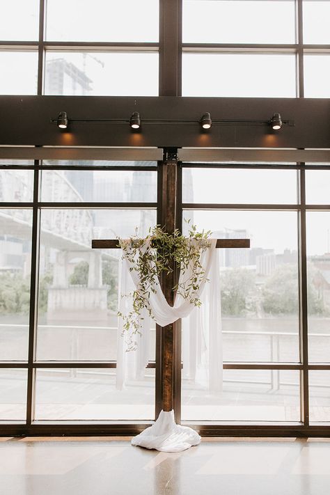 Chapel Altar Decorations Wedding, Cross With Fabric Drape, Simple Altar Decor, Cross Wedding Backdrop Indoor, Cross Outdoor Wedding, Cross Wedding Arch Flower, Wedding Cross Arrangement, Eucalyptus Wedding Altar, Cross With White Cloth