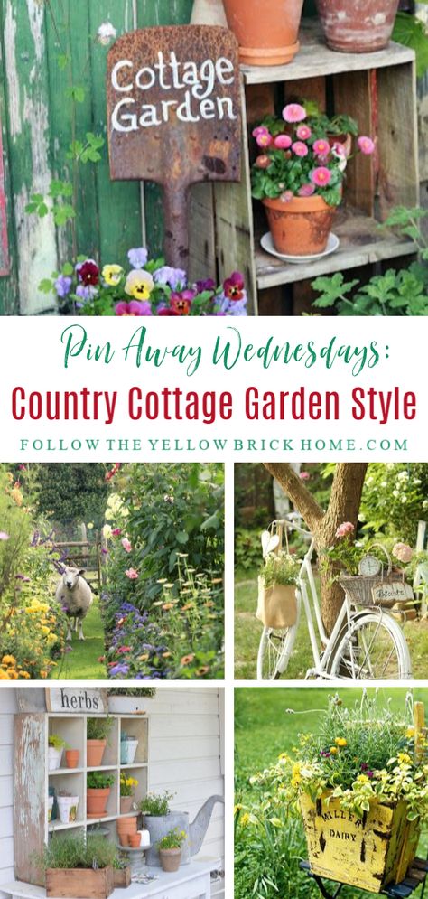 Junk Garden Ideas, Farmhouse Gardens, Cottage Landscaping, Cottage Garden Style, Garden Displays, Junk Garden, Cottage Backyard, Country Cottage Garden, Yellow Brick Home