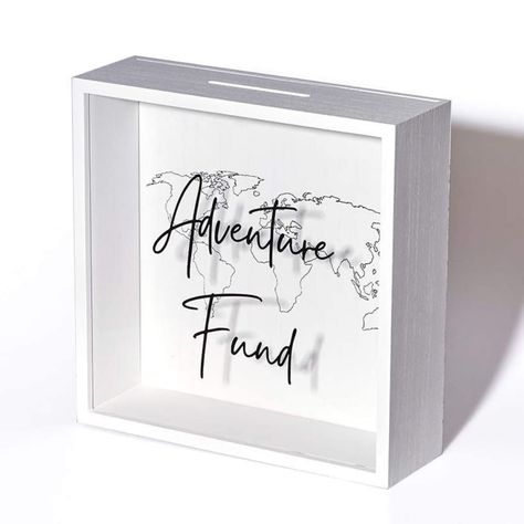 Adventure Fund Jar, Money Bank Ideas, Adventure Fund, Pretty Font, Toy Money, Vacation Fund, Wedding Fund, Wooden Piggy Bank, Vacation Savings