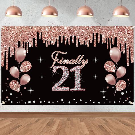 PRICES MAY VARY. Polyester [You will receive] -1pcs rose gold 21st birthday banner decorations, 72.8 * 43.3 inches, large enough to perfectly decorate your birthday party. [Finally 21 Theme] - Featuring mysterious and elegant rose gold with the theme of "Finally 21", the large number "21" is adorned with diamond patterns, with balloons, stars, and other patterns added next to it, creating an excellent atmosphere for your 21st birthday party and leaving a deep impression on your guests. [Usage Sc Black And White 21st Birthday Party, 21 Birthday Theme, 21st Themes, 21 Birthday Banner, 21st Birthday Ideas Themes, 21st Birthday Ideas Decorations, Bday Background, 21st Birthday Themes, 21st Birthday Banner