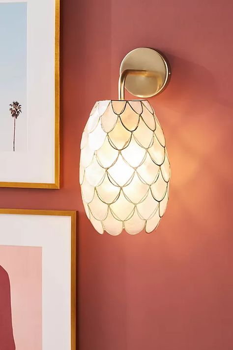 Phillipa Capiz Sconce | Anthropologie Office And Guest Bedroom, Bedroom Sconces, Primary Bed, Brass Fixtures, Capiz Shell, Girls Bathroom, Bathroom Light Fixtures, Kids Bedrooms, Unique Lamps