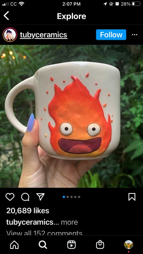 Zelda Pottery Painting, Nerdy Pottery, Naruto Pottery, Ghibli Ceramic Mug, Calcifer Pottery, Anime Pottery Painting Ideas, Studio Ghibli Mug, Totoro Mug, Anime Pottery