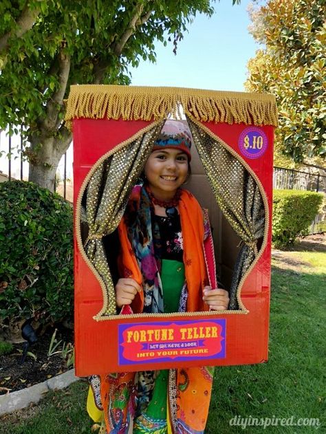 DIY Fortune Teller Booth Halloween Boxtume How Amazon Prime Members Can Make a Fortune Teller Booth Out of an Amazon Smile Box with Free Printables #ad #boxtume #morethanabox #halloweencostume #kidscostume #halloweencostume #fortuneteller #diycostume #costumediy Diy Fortune Teller, Fortune Teller Booth, Fortune Teller Costume, Booth Diy, Pencil Crafts, Budget Crafts, Wedding Signs Diy, Last Minute Halloween Costumes, Mason Jar Crafts Diy