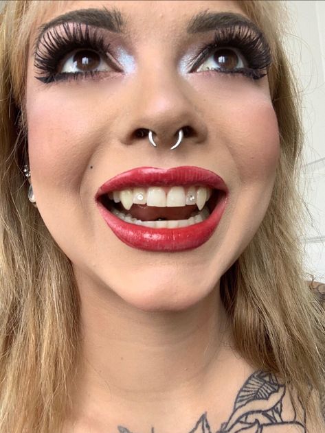 Permanent Fangs by Eternal Fangs — Father Sebastiaan Aesthetic Halloween Nails, Halloween Nails Square, Dental Spa, Fake Lips, Gothic Elegance, Vampire Teeth, Cool Piercings, Smile Teeth, Tooth Gem