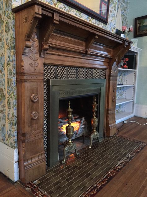 Victorian Home Fireplace, Victorian Fireplace Ideas Vintage, Vintage Cottage Fireplace, Victorian Style Fireplace, Antique Fireplace Mantle Ideas, 1800s Fireplace, Wooden Fireplace Ideas, Old House Fireplace, Fireplace Herringbone Tile