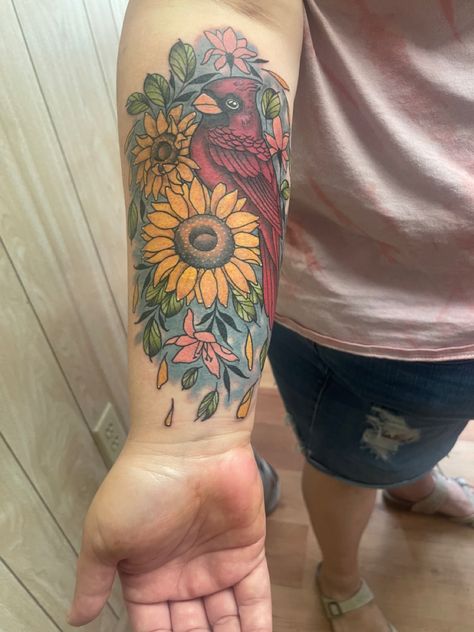 Sunflowers Tattoo, Cardinal Tattoo, Cardinal Tattoos, Sunflower Tattoo, Tatting, Sunflower, Tattoos