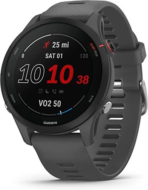 Built with an always-on, full-color display that’s light on the wrist and easy to read even in direct sunlight
Battery life: up to 20 days of battery life in smartwatch mode for a full picture of your health — from sleep to training (assuming all-day wear with 3 hours per day outside in 50,000 lux conditions); up to 42 hours in GPS mode and up to 49 hours with solar charging (assuming continuous use for entire period in 50,000 lux conditions); up to 110 hours in UltraTrac mode with solar chargin Garmin Forerunner, Smartwatch, Running, Music, Black