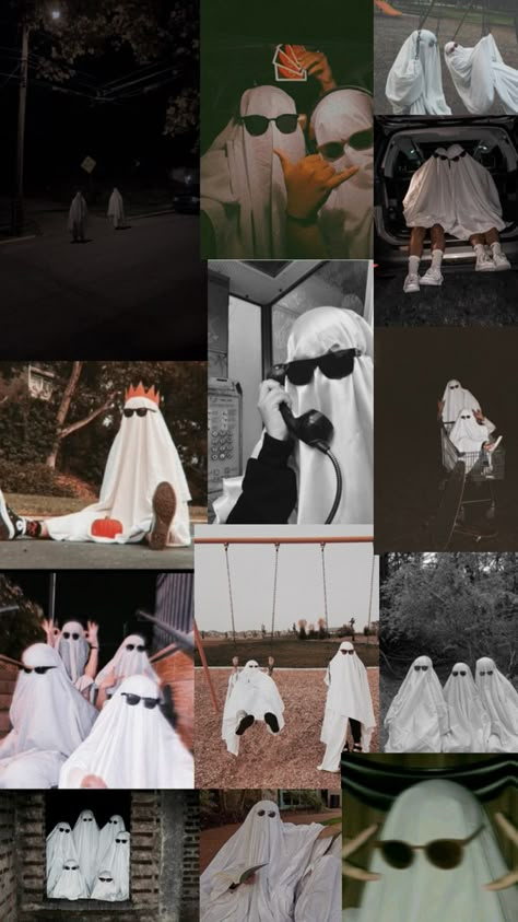 Funny Halloween Photos, Friend Halloween Activities, Ghost Halloween Pictures, Cool Ghost Costume, Halloween Sheet Ghost Pictures, Viral Ghost Photoshoot, Ghost Halloween Costume Women, Ghost Sheet Photoshoot Best Friends, Ghost Sunglasses Photoshoot