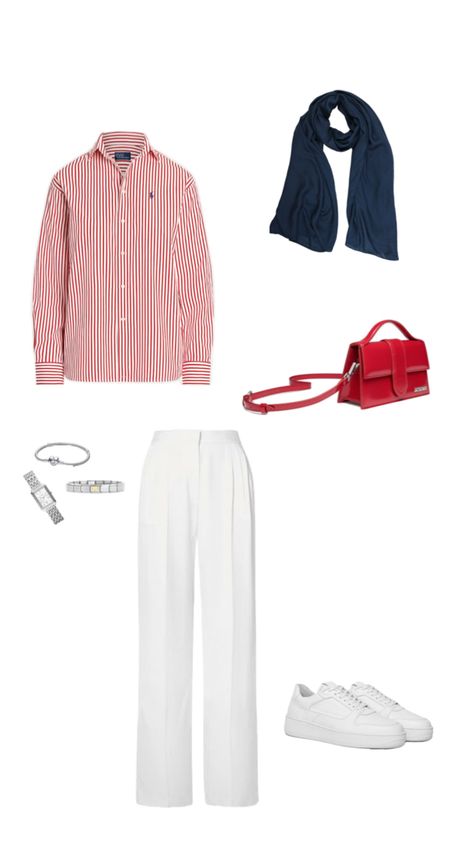 red striped shirt, navy blue hijab, white trousers, white sneakers, red handbag, hijabi outfit Trousers White Sneakers, Red White Outfit, Outfit Con Camisa, Red Shirt Outfits, Hijabi Summer Outfits, Blue Hijab, Red Striped Shirt, Hijabi Outfit, Trousers White