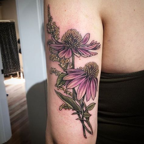 Flower Tattoos Shaded, Colour Flower Tattoo Designs, Garden Arm Tattoo, Cone Flower Tattoo, Echinacea Tattoo, Neotrad Flowers, Coneflower Tattoo, Botanical Tattoo Vintage, Cottagecore Tattoos