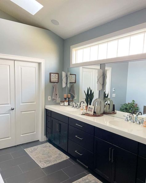 Bathroom Double Two-Panel Door - Soul & Lane Dark Tile Floor Bathroom, Large Format Tile Floor, Grey Herringbone Tile Bathroom, Tile Floor Bathroom Ideas, Black Painted Cabinets, Dark Tile Floor, Dark Grey Tile Bathroom, Dark Floor Bathroom, Floor Bathroom Ideas