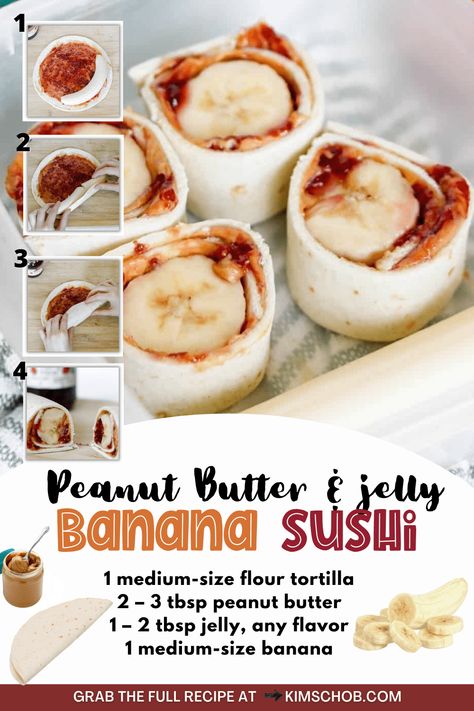 Peanut Butter Jelly Sushi Rolls, Peanut Butter Banana Sushi Roll, Banana Wrap Peanut Butter, Peanut Butter And Jelly Wrap, Peanut Butter And Jelly Tortilla, Banana Sushi Kids, Banana Sushi Rolls, Peanut Butter Banana Recipes, Preschool Food