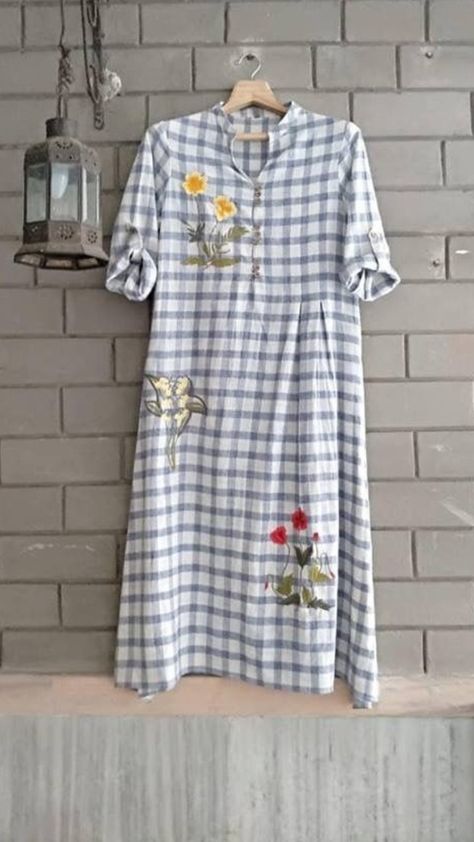 Small Checks Kurti Designs Latest, Cotton Daily Wear Kurti, Checked Kurti Designs Indian, Checks Kurti Designs Latest Cotton, Check Design Kurti, Checks Kurti Designs, Cotton Kurties, Simple Kurti Designs, Kurti Embroidery Design