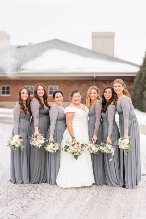 Gray long sleeve bridesmaid dresses for winter wedding with pink and white florals Slate Grey Bridesmaid Dresses, Dresses For Winter Wedding, Winter Wedding Bridesmaid Dresses, Wedding In February, Gray Bridesmaid Dresses, Dresses For Winter, Winter Wedding Bridesmaids, Bridesmaid Groomsmen, Wedding Bridesmaid Dress