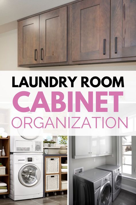 If despite your best efforts your laundry room cabinets are still a disaster you're not alone. In this post, we'll explore solutions for high laundry room cabinets and the best way to organize them. #laundryroomcabinets #laundryroom #laundryroomorganization #cabinetorganization #homeorganizing #beautifullorganized What To Put In Laundry Room Cabinets, Laundry Room Hanging Rack Between Cabinets, Laundry Cabinets Organization, Laundry Room Ideas Organization Cabinets, Removing Cabinet Doors For Open Shelving Laundry Room, Laundry Room Base Cabinets, Laundry Cabinet Organization Ideas, What To Store In Laundry Room Cabinets, Storage Closet In Laundry Room