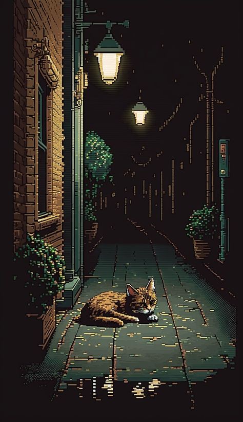 Cat on sidewalk, digital art, pixel art. Pxl Art Wallpaper, Cat Wallpaper Pixel, Cat Pixel Wallpaper, Pixel 8 Wallpaper, Cat Pixel Art Wallpaper, Pixeled Wallpaper, 8 Bit Art Wallpaper, Cute Pixel Art Wallpaper, Digital Pixel Art