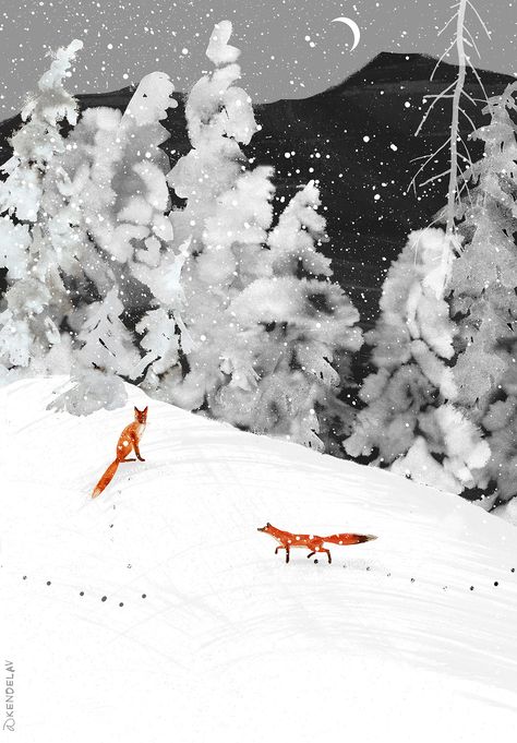 Our foxes on Behance Christmas Fox Wallpaper, Kobo Screensaver, Winter Wonderland Aesthetic, Fox Walking, Gouache Ideas, Fox Aesthetic, Fox In Snow, Fox In The Snow, Wallpaper Blur