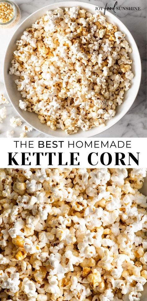 Homemade Kettle Corn, Kettle Corn Recipe, Popcorn Recipes Easy, Salty Treats, Corn Recipe, Kettle Corn, Flavored Popcorn, Popcorn Recipes, Delicious Snacks Recipes