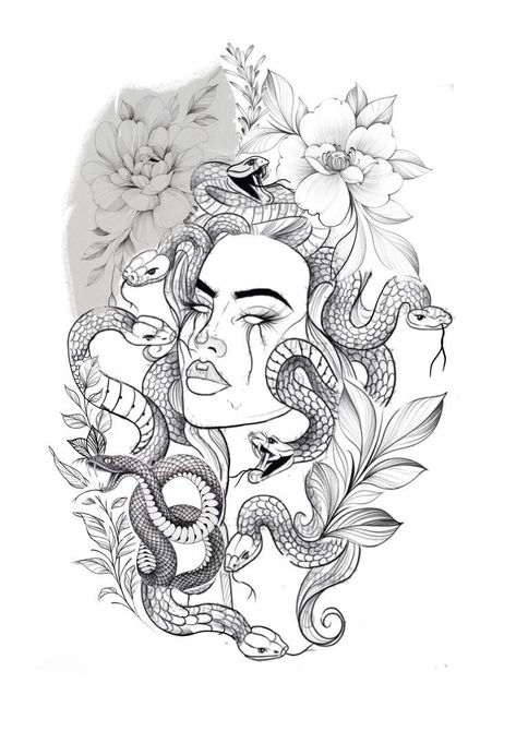 Medusa Tattoo With Flowers, Tattoos Sketches, Half Sleeve Tattoos Sketches, Side Thigh Tattoos, Medusa Tattoo Design, Hand Tattoos For Girls, Back Piece Tattoo, Mom Tattoo Designs, Witch Tattoo