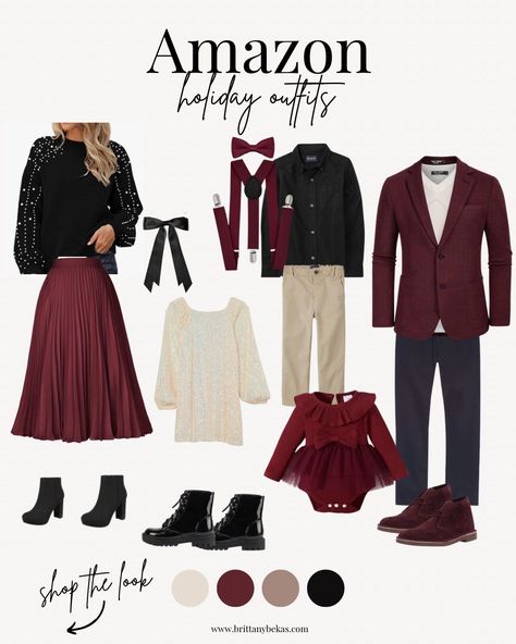 This modern take on the classic red with burgundy is so on trend for holiday! Everything featured in these holiday family outfits is available on Amazon and under $75. I love the white sequin dress and all the textured and colors together. If you are looking for holiday family outfits for a Christmas party, holiday party or just for your holiday card photo outfits -- this styled Christmas outfit is perfect! Shop everything styled here on my Amazon shop. Click to shop it! #amazonfashion Holiday Photo Outfits Women, Navy Burgundy Cream Family Photos, Holiday Outfit Family Pictures, Winter Holiday Family Photo Outfits, Cranberry Family Photo Outfits, Christmas Cabin Outfits, December Family Photo Outfits, Outdoor Holiday Photoshoot Outfit, Christmas Eve Family Outfits