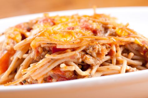 shutterstock_252921400 Budget Friendly Casseroles, Cream Cheese Spaghetti Casserole, Baked Cream Cheese, Cream Cheese Spaghetti, Spaghetti Casserole Recipe, Baked Cream Cheese Spaghetti, Cheesy Spaghetti, Baked Spaghetti Recipe, Spaghetti Dinner