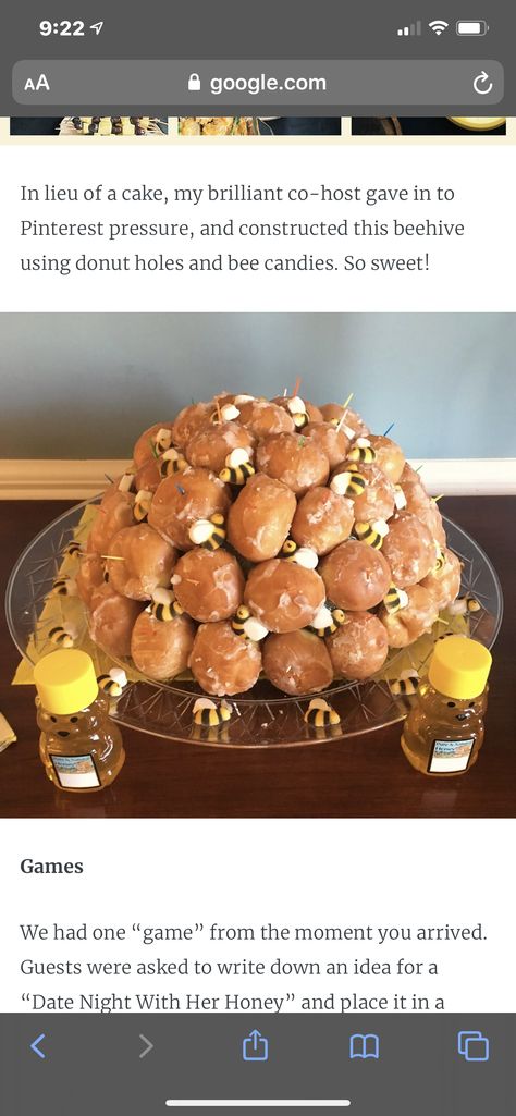 Doughnut Hole Bee Hive, Bridal Shower Snacks, Shower 2023, Bride To Bee, Bee Theme Party, Doughnut Holes, Baby Shower Treats, Classic Pooh, Birthday Breakfast