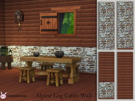 The Sims Resource - Alpine Log Cabin Walls Sims 4 Cc Cabin Furniture, Sims 4 Log Cabin Cc, Sims 4 Exterior Wall Cc, Log Cabin Walls, Sims 4 Country Cc, Log Wallpaper, Cabin Walls, Log Wall, Rustic Wallpaper