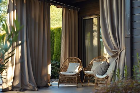 How to Hang Outdoor Curtains Around Your Patio | TheHues How To Hang Outdoor Curtains For Patio With Wire, Ways To Hang Outdoor Curtains, Patio With Curtains Outdoor Spaces, How To Hang Patio Curtains, Curtains On Pergola, How To Hang Outdoor Curtains For Patio, Hanging Outdoor Curtains, Hang Outdoor Curtains, Outdoor Music Area