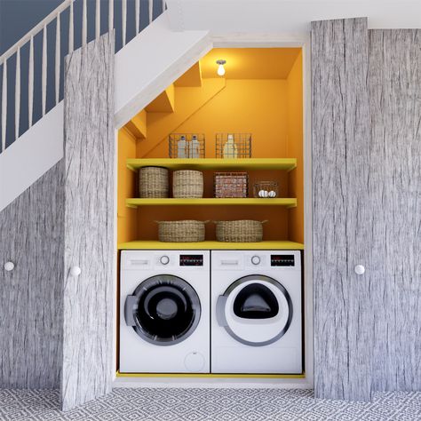 Under Stairs Nook, تحت الدرج, Bathroom Under Stairs, Stair Renovation, Tiny Laundry Rooms, Staircase Storage, Modern Laundry Rooms, Smart Home Design, Home Stairs Design