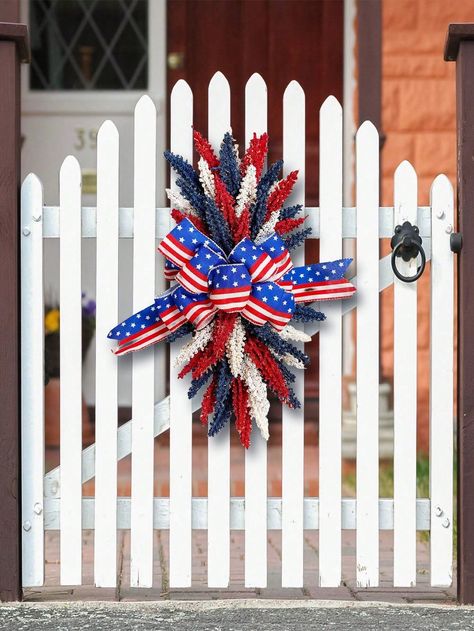 style 2  Collar     Embellished   Home Decor Wreath With Bow, Red Wreath, July Wreath, Winter Y2k, Wreath Door, Patriotic Wreath, Door Decoration, Wreath For Front Door, Veterans Day