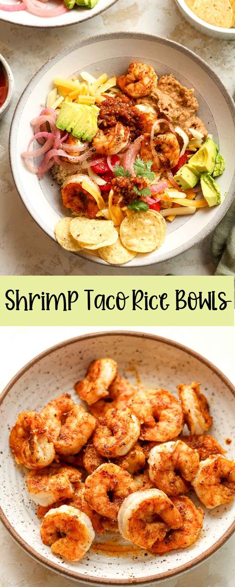 Spicy Shrimp Taco, Creamy Refried Beans, Chunky Guacamole Recipe, Spanish Rice And Beans, Taco Bowl Recipe, Shrimp Taco, Refried Beans Recipe, Spicy Shrimp Tacos, Taco Rice