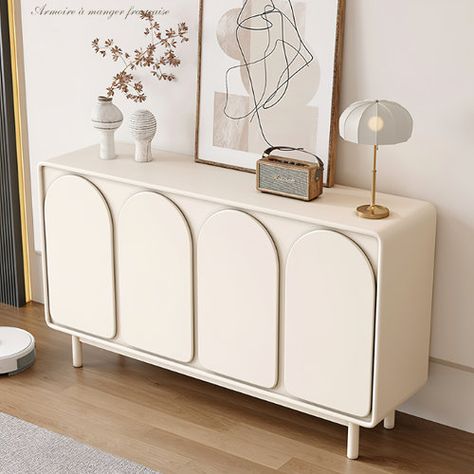 Corrigan Studio® 63" Beige Arched Door Buffet Sideboard with 4 Door Sideboard | Wayfair Wide Sideboard, Interior Shelves, Luxurious Interior, Solid Wood Sideboard, Kitchen Sideboard, Rainbow Glass, Wood Sideboard, Daily Necessities, Sideboard Cabinet