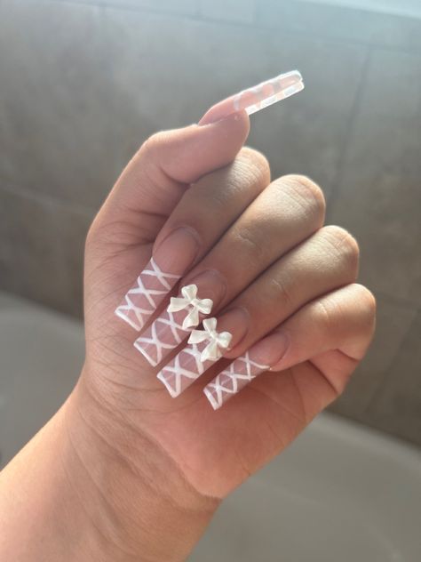 S Initial On Nails, A Initial Nails, Corset Nails, White Nail Ideas, Bow Nail Designs, Girls Nail Designs, Bow Nails, Cross Nails, Bow Nail