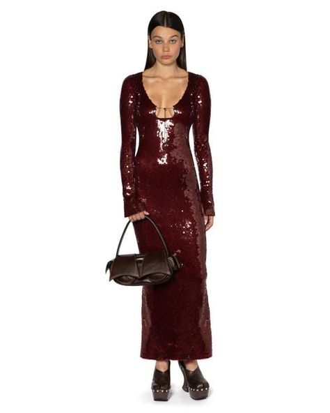 16Arlington Solaria Midi Dress In Oxblood Sequin in Red | Lyst UK Gossip Girl Dresses, 16 Arlington, Cutout Neckline, Cocktail Party Dresses, Christopher Esber, Red Sequin, Long Sleeve Maxi, Midi Length Dress, Maxi Dress With Sleeves