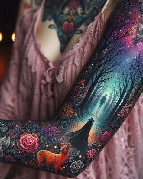 From dainty wrists to bold shoulders, find the perfect forest tattoo placement. Vertical Tattoo, Mermaid Nail Art, Forest Tattoo, Japanese Forest, Forest Tattoos, Retro Makeup, Tattoo Now, Just Ink, Mermaid Nails