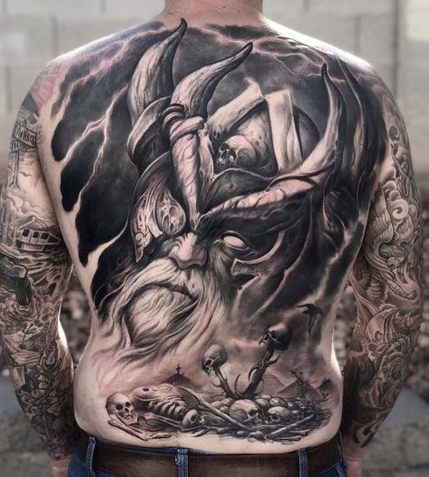 Odin back piece by Miguel Camarillo, an artist based in Las Vegas, USA. Back Coverup Tattoo, Coverup Tattoo Ideas, Tattoo Ideas For Guys, Backpiece Tattoo, Chicano Tattoos Sleeve, Viking Odin, Coverup Tattoo, Skull Sleeve Tattoos, Back Piece Tattoo