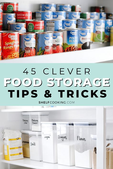 Small space cramping your food storage style? We've got solutions! Try these 45 clever food storage tips and tricks to help you build and stock a pantry, even if you don't have one! Kitchen With Shelves, Under Cabinet Storage, Pull Out Pantry, Small Pantry Organization, Room Store, Above Cabinets, Essential Kitchen Tools, Small Pantry, Pantry Shelving