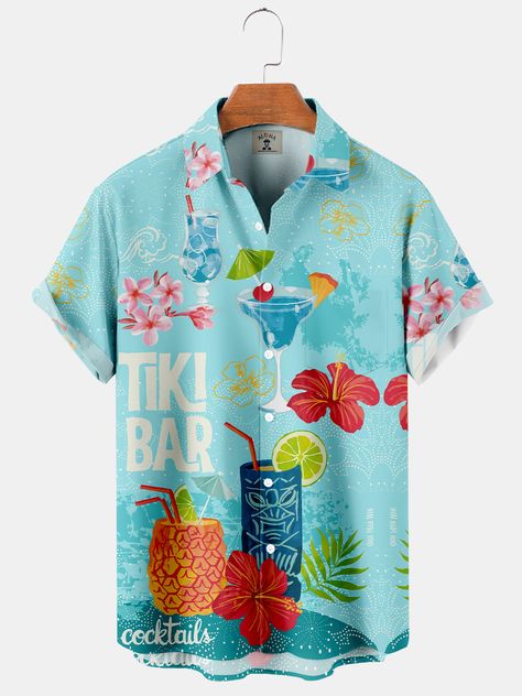 Men's Hawaiian Tiki Cocktail Print Casual Short Sleeve Shirt Tikki Bar, Tiki Cocktail, Tiki Cocktails, Hawaiian Tiki, Mens Clothing Store, Resort Shirt, Stylish Mens Outfits, Short Sleeve Pattern, Collar Pattern