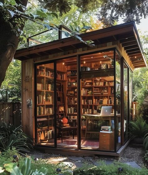 Outdoor Office Space, Enclosed Garden Structures, Outdoor Library, Backyard Office Shed, Office Shed, Garden Shed Ideas, Treehouse Cabins, Tiny Office, Art Shed