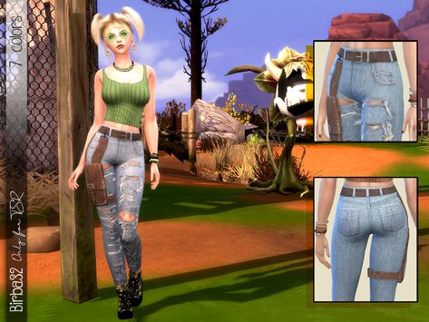 Sims 4 — Post Apocalyptic Jeans with Bag by Birba32 — In a post-apocalyptic time for sure you need a bag to hide some Sims 4 Zombie Apocalypse Cc Clothes, Sims 4 Ripped Clothes, Sims 4 Post Apocalyptic, Apocalypse Clothing, Distressed Outfit, Sims Stories, Sims 4 Expansions, Sims 4 Dresses, Sims 4 Toddler