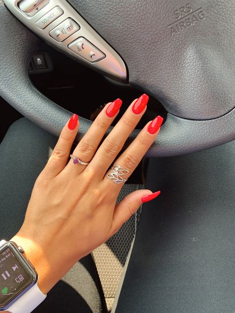 All Red Coffin Acrylic Nails, Red Tips Coffin Shape, Prom Nails For Red Dress Simple, Full Set Nails Acrylic Red, Square Red Nails Acrylic, Red Nails Acrylic Coffin Medium, Plain Red Acrylic Nails Coffin, Red Short Nail Ideas Acrylic, Trendy Nails Short Square Red