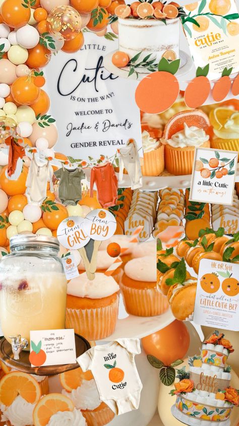 Cuties Theme Party, Orange You Curious Gender Reveal, Baking Baby Announcement, Clementine Baby Shower Ideas, Orange Theme Party, Cutie Gender Reveal, Cutie Theme, Cutie On The Way, Summer Baby Shower Themes