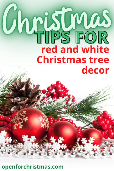 How To Decorate A Red And White Christmas Tree, Ted And White Christmas Tree Decor, Red White Christmas Tree Decorations, Red And White Christmas Tree Ideas Holiday Decorating, Red Themed Christmas Trees, Red Decorated Christmas Trees, Christmas Tree Ideas Red And White, Red White And Green Christmas Tree, Red And White Christmas Tree Decorations