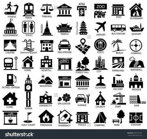 Map symbols Map Legend Symbols, Legend Symbol, City Maps Illustration, Architecture Symbols, Urban Icon, City Maps Design, Map Symbols, Symbol Drawing, Architecture Mapping